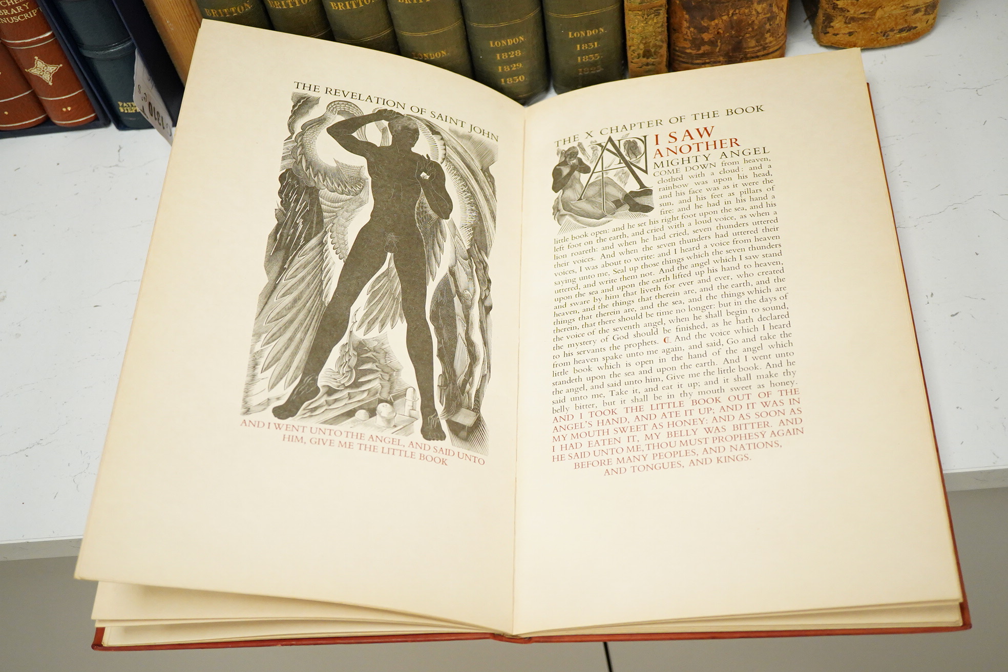 The Gregynog Press - The Revelation of Saint John the Divine. Limited Edition (of 250 numbered copies). 41 (some full page) wood engraved illus. (by Blair Hughes-Stanton), title and elsewhere with some red printing: orig